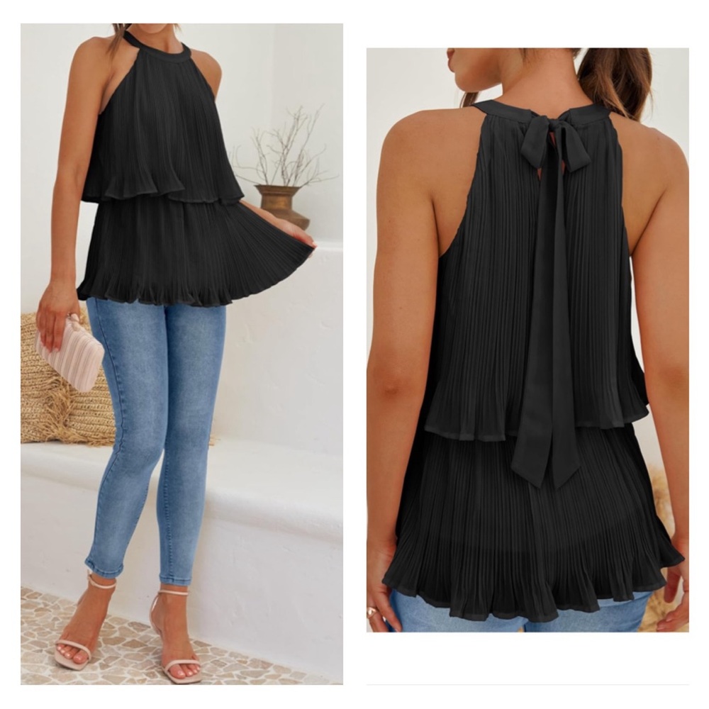 Halter Tank Tops Sleeveless Ruffle Tiered Layered Chiffon Flowy Blouse Shirts